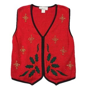Vintage Kathie Lee Christmas Vest Womens M Red Beaded Holly Snowflake Ugly Retro